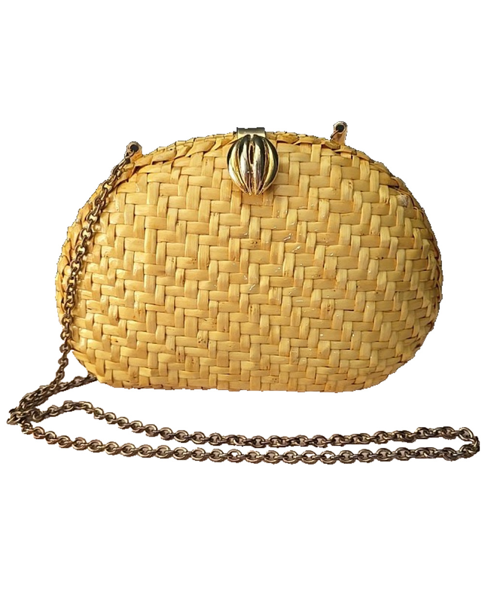 VTG Vanessa Yellow Straw Woven Gold Chain Crossbody Shoulder Strap Purse